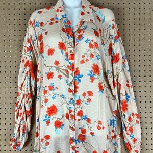NWT Democracy Top 1X Womens Plus Size Orange Rayon Top Ruched Sleeve Chinoiserie
